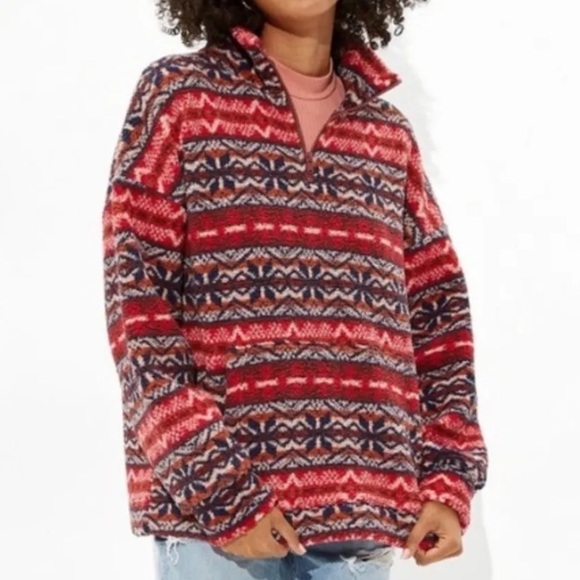 American Eagle Fair Isle Fleece Multi Color Quarter Zip Pullover Sweater Size S - Picture 1 of 6